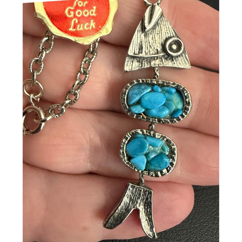 Vintage Fish Necklace Stone Articulated Silver Tone Good Luck